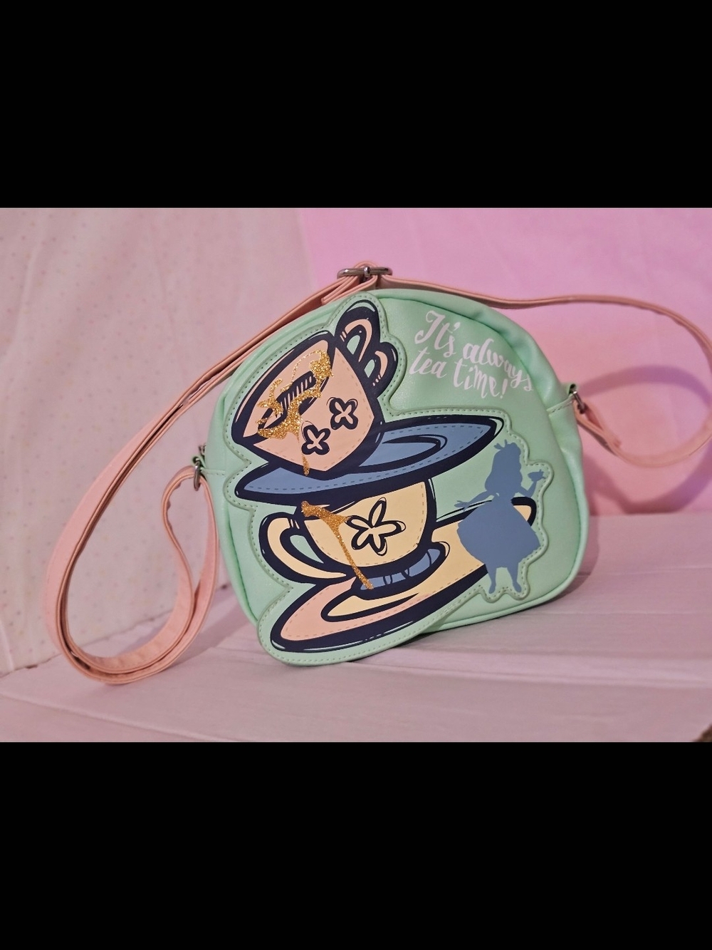 Disney Mint Teacup Crossbody Bag with Pink Strap